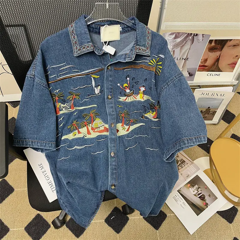 Hip Hop Beach Vacation Embroidery Blue Denim Shirts Women Short Sleeve Casual Shirts Men Gothic Harajuku Button Up Shirts Summer
Hip Hop Beach Vacation Embroidery Blue Denim Shirts Women Short Sleeve Casual Shirts Men Gothic Harajuku Button Up Shirts Summer