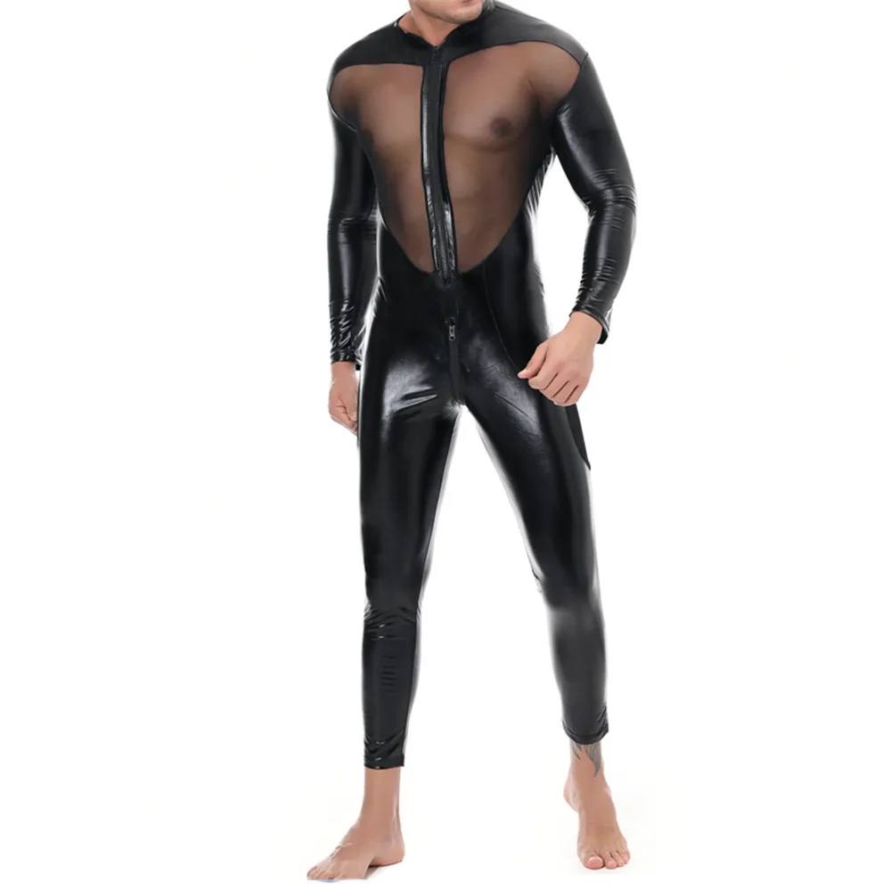 Men's Patent Leather Jumpsuit Long Sleeve Nightclub Stage One-piece Rompers Sexy Zipper Bodysuit Dance Leotard Fetish Costumes
Men's Patent Leather Jumpsuit Long Sleeve Nightclub Stage One-piece Rompers Sexy Zipper Bodysuit Dance Leotard Fetish Costumes