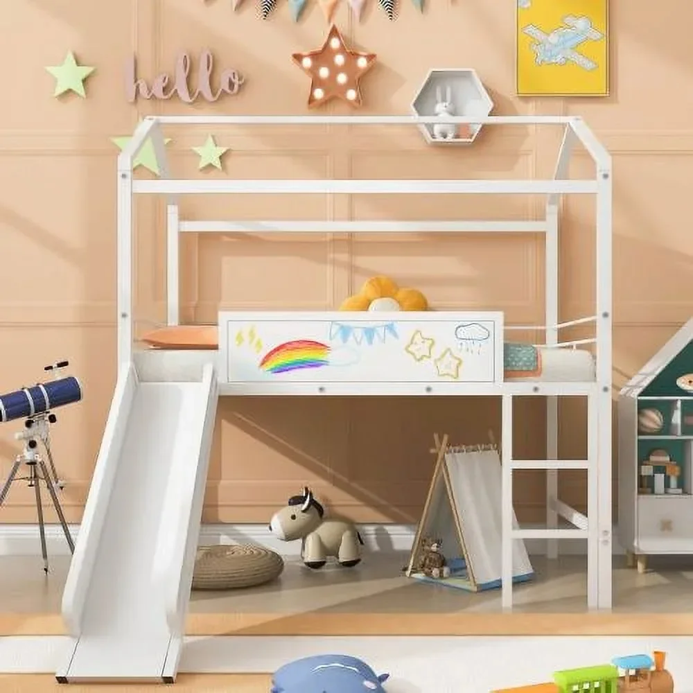 Modern Twin Size Loft Bed with Two-sided Writable Wooden Board, Metal House Bed Frame with Slide and Full-Length Guardrails
Modern Twin Size Loft Bed with Two-sided Writable Wooden Board, Metal House Bed Frame with Slide and Full-Length Guardrails
