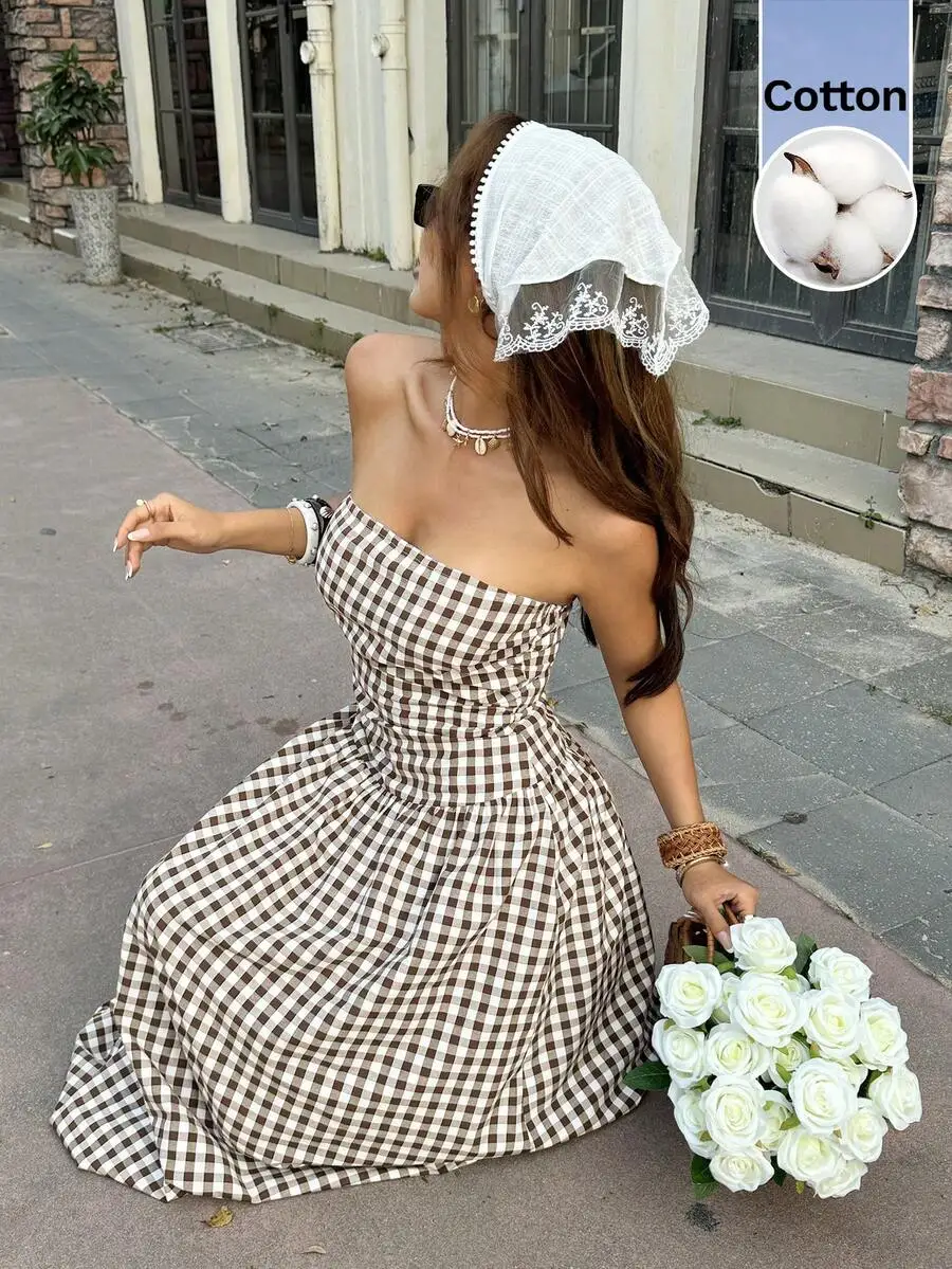 Womens Plaid Ruched Maxi Tube Dress 100% Cotton Strapless Dress French Style Resort Dress
Womens Plaid Ruched Maxi Tube Dress 100% Cotton Strapless Dress French Style Resort Dress