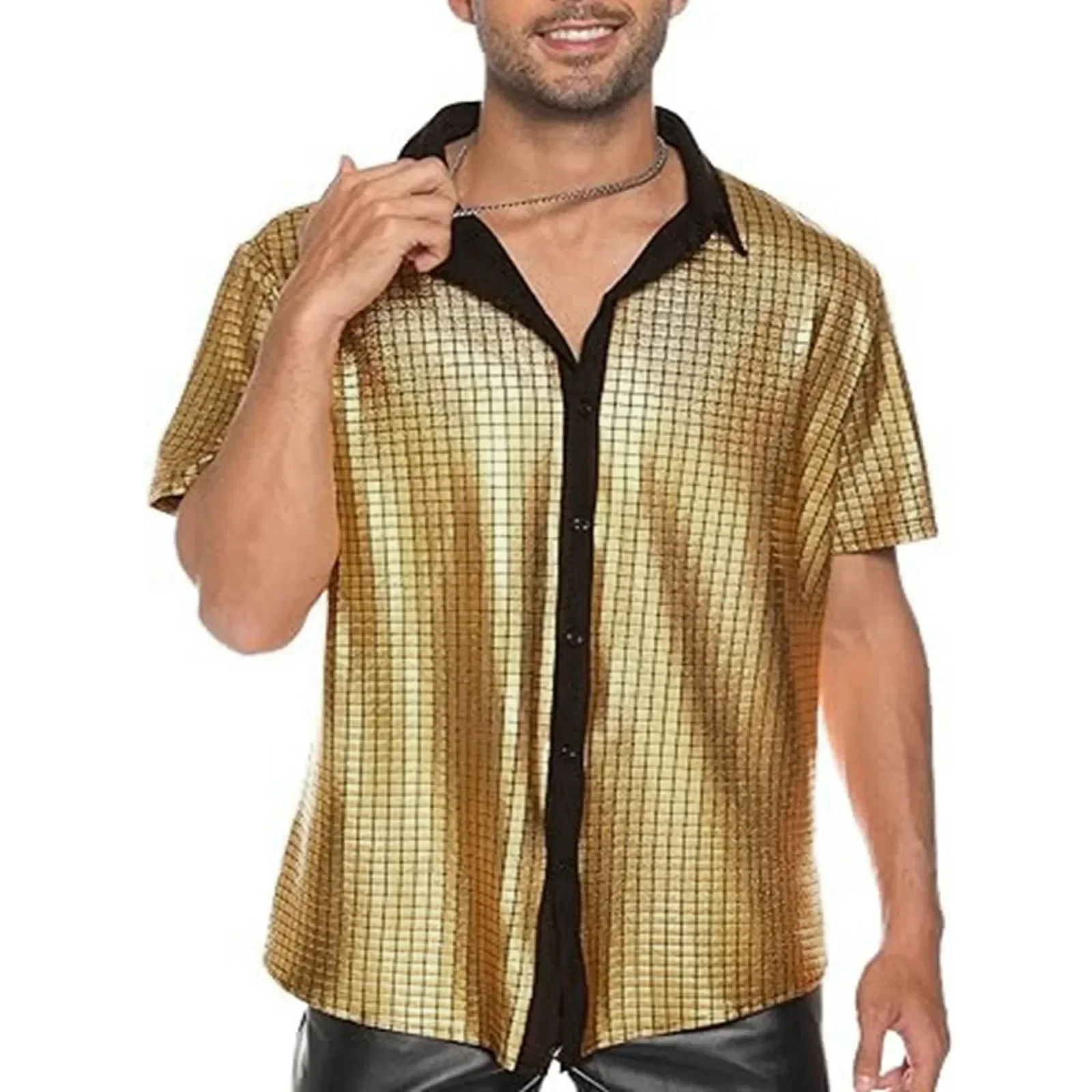Mens Shirt Sequin Button Up Shirt Cosplay Clothing Lapel Glitter Short Sleeved Golf Company Group Shirt for Men
Mens Shirt Sequin Button Up Shirt Cosplay Clothing Lapel Glitter Short Sleeved Golf Company Group Shirt for Men
