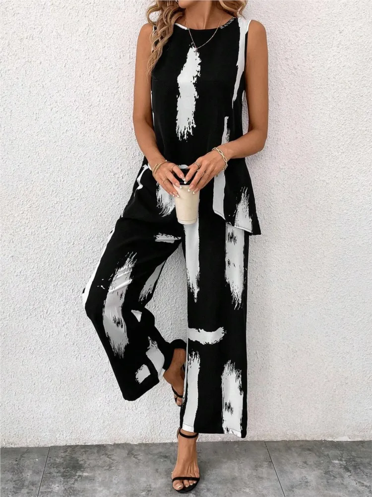 Women Two-piece Sets O-neck Sleeveless Print Tops + High Waist Straight Leg Pants Outfits Female Casual Comfortable Ladies Suit
Women Two-piece Sets O-neck Sleeveless Print Tops + High Waist Straight Leg Pants Outfits Female Casual Comfortable Ladies Suit