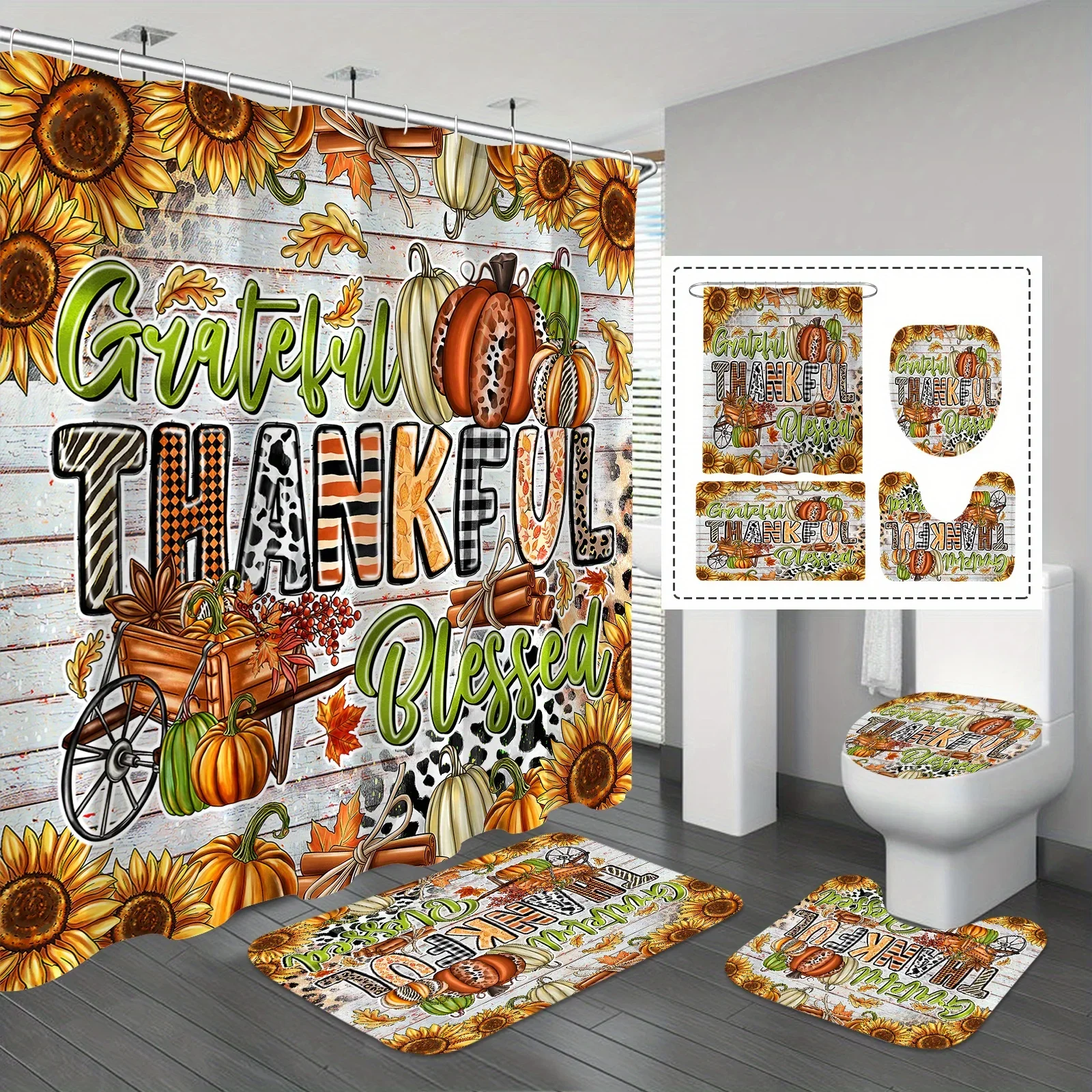 Grateful, Thankful, Blessed Bathroom 4-Piece Set: Shower Curtain, Bath Mat, Toilet Cover, Tank Cover – Autumn Harvest Decor
Grateful, Thankful, Blessed Bathroom 4-Piece Set: Shower Curtain, Bath Mat, Toilet Cover, Tank Cover – Autumn Harvest Decor