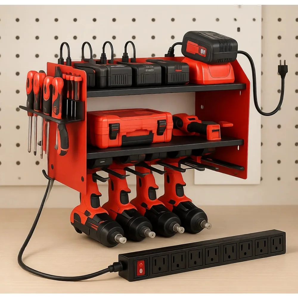 Wall Mounted 3 Tier Garage Tool Organizer with Charging Station and Drill Holders
Wall Mounted 3 Tier Garage Tool Organizer with Charging Station and Drill Holders