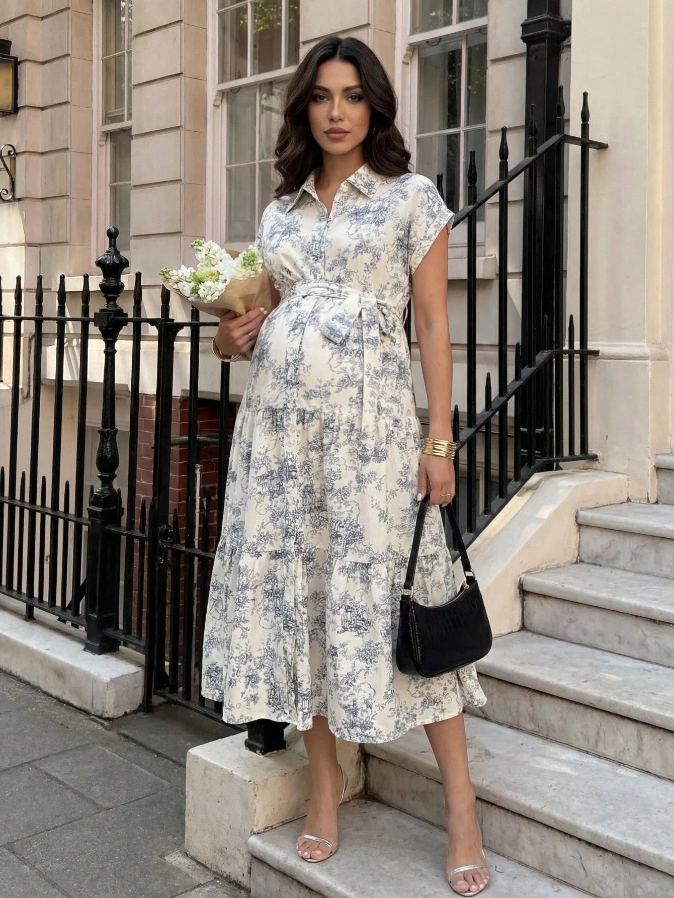 Maternity Shirt Dress With Monochrome Toile Print Belted Tiered Hem Summer
Maternity Shirt Dress With Monochrome Toile Print Belted Tiered Hem Summer