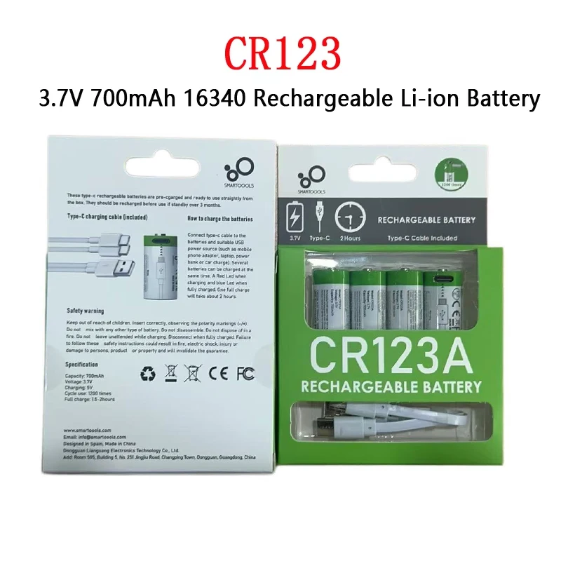 CR123A Batteries 16340 3.7V 700mAh Rechargeable Li-ion Battery for Laser Pen LED Flashlight + Type-C Cable Fast Charging
CR123A Batteries 16340 3.7V 700mAh Rechargeable Li-ion Battery for Laser Pen LED Flashlight + Type-C Cable Fast Charging