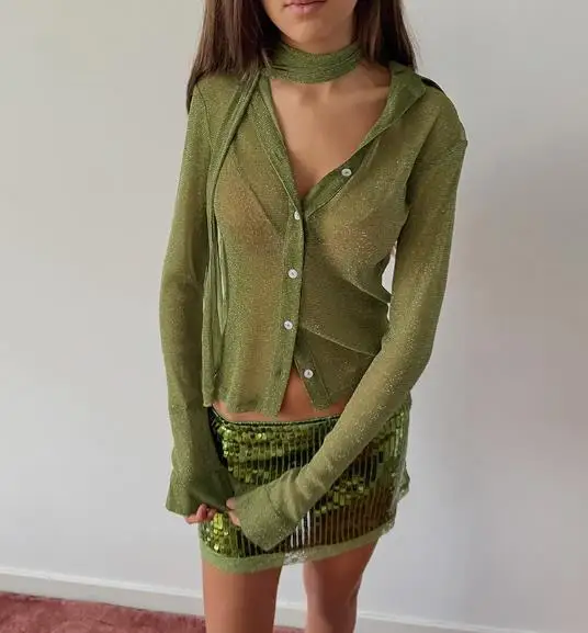 Women's Shirt 2026 Sexy New Bright Silk Scarf Decoration Perspective Slim Button Front Long Sleeved Shirt Suitable for Parties
Women's Shirt 2026 Sexy New Bright Silk Scarf Decoration Perspective Slim Button Front Long Sleeved Shirt Suitable for Parties