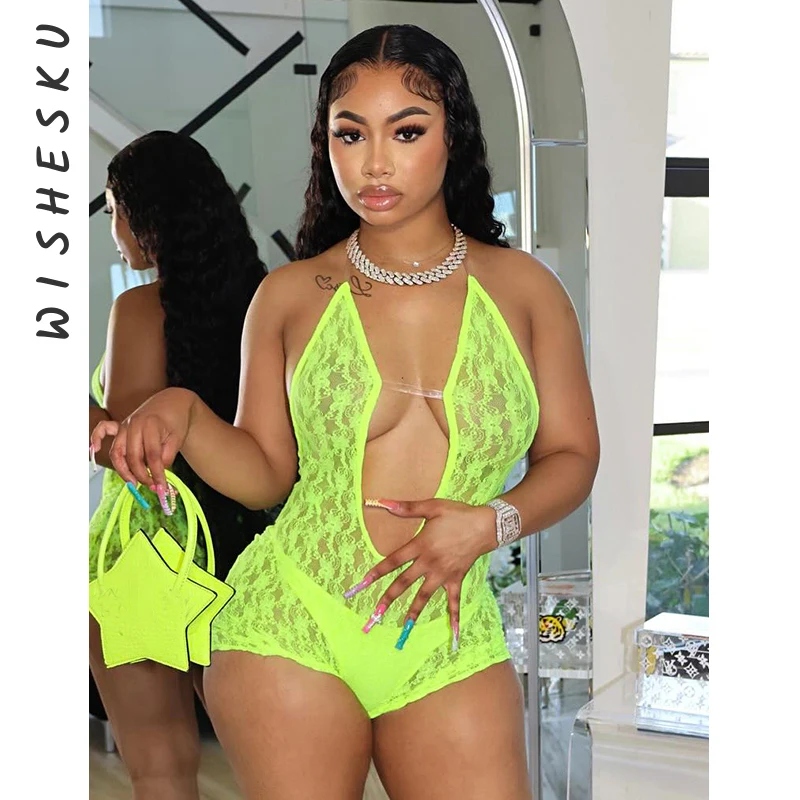 Sexy Halter Backless Cut Out Playsuits Women Sleeveless Mesh See Through Bodysuits 2024 Summer Night Club One Piece Rompers 
Sexy Halter Backless Cut Out Playsuits Women Sleeveless Mesh See Through Bodysuits 2024 Summer Night Club One Piece Rompers