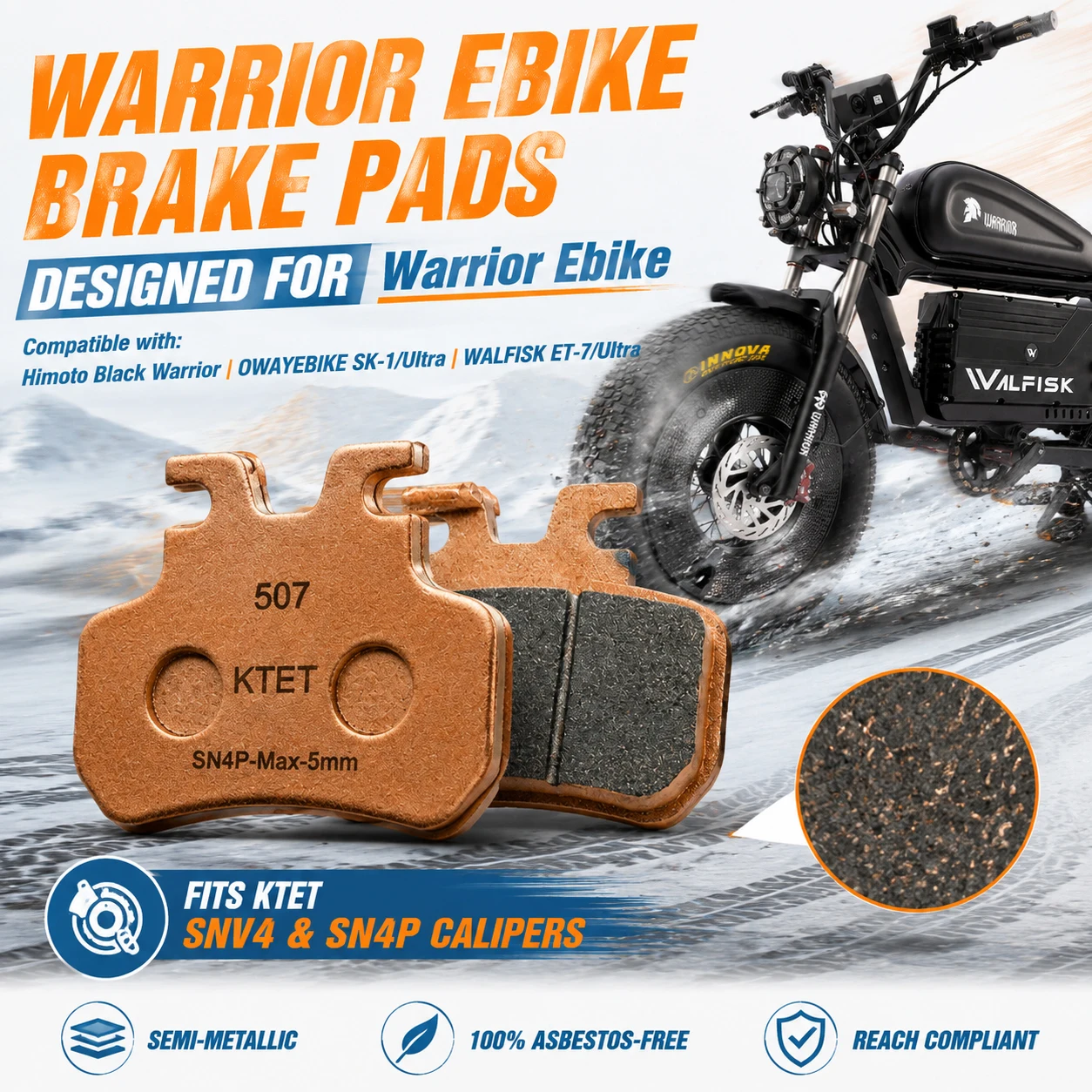 Warrior Ebike Brake Pads Semi-Metallic for Himoto OWAYEBIKE WALFISKET EKX KTET SN-V4 4 Piston Hydraulic Disc Brake
Warrior Ebike Brake Pads Semi-Metallic for Himoto OWAYEBIKE WALFISKET EKX KTET SN-V4 4 Piston Hydraulic Disc Brake