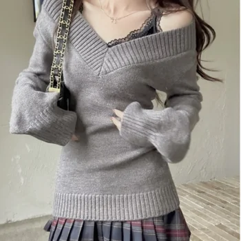 슬림핏 스웨터 가을 긴팔 긴소매 빈티지 레트로 V넥 V 칼라 스웨터 니트 풀오버 풀오버 빈티지 레트로 슬림핏 긴팔 가을 신상 스웨터