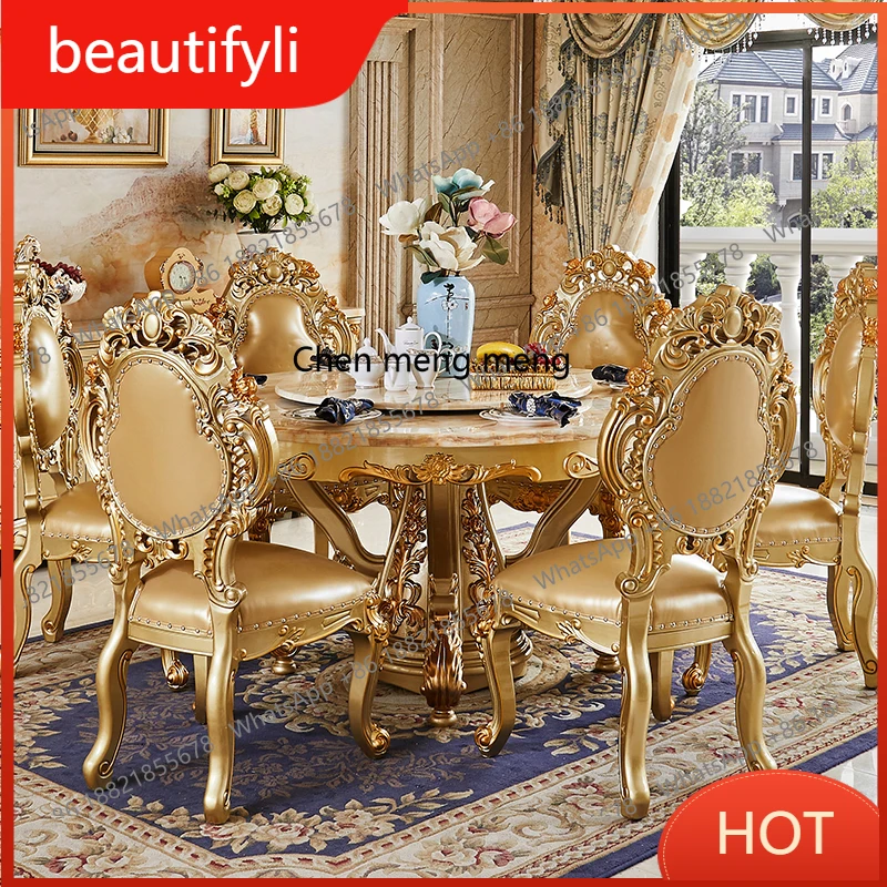 A139 European dining table marble round table full solid wood carving flower home hotel villa table and chair combination
A139 European dining table marble round table full solid wood carving flower home hotel villa table and chair combination