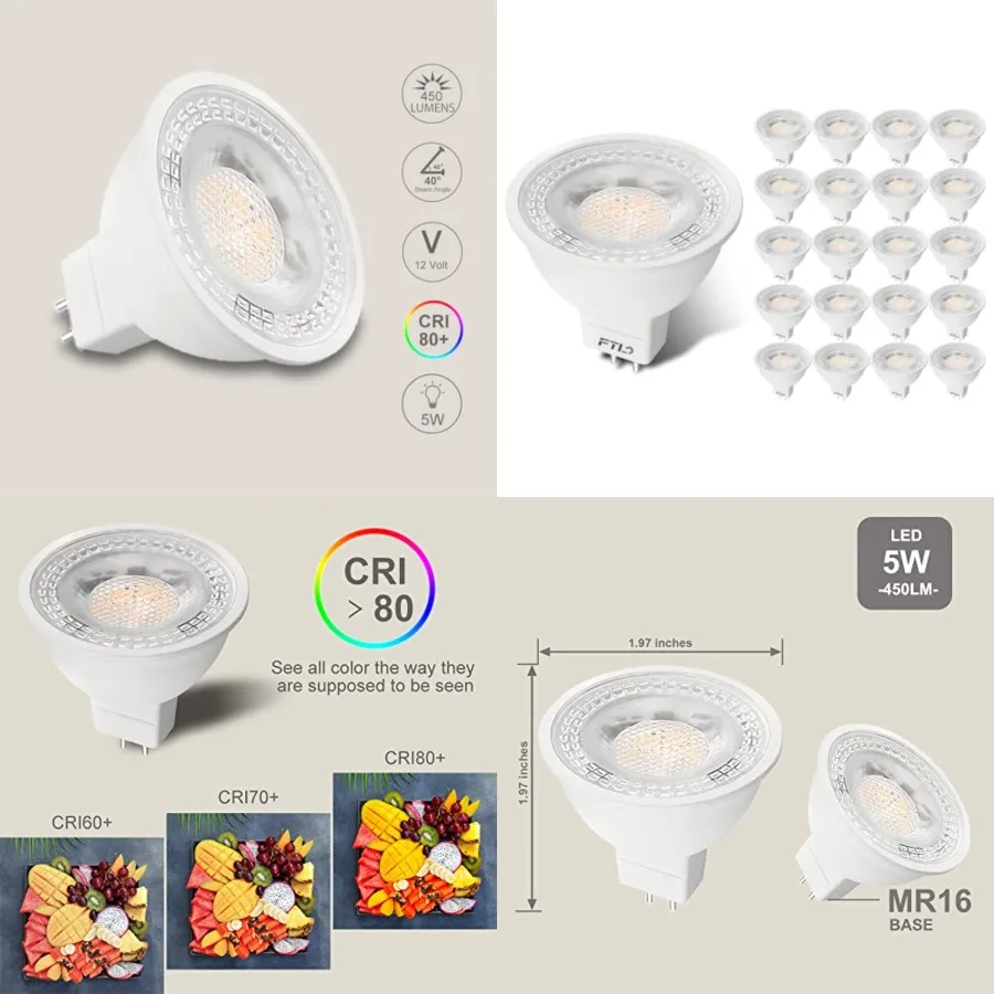 20-Pack MR16 LED Bulb 3000K GU5.3 Non-Dimmable 12V 5W 50W Halogen Equivalent Bipin Base 40 Degree Spot Light for Track Lighting
20-Pack MR16 LED Bulb 3000K GU5.3 Non-Dimmable 12V 5W 50W Halogen Equivalent Bipin Base 40 Degree Spot Light for Track Lighting
