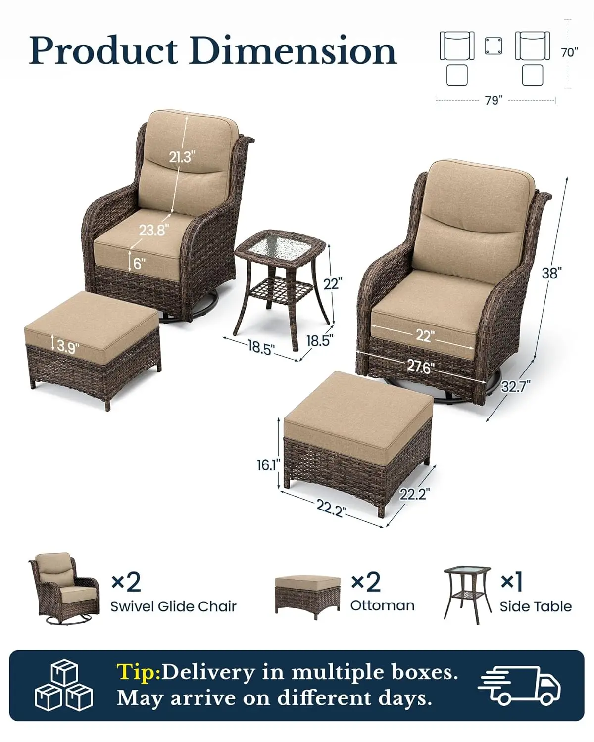 Luxury 5PCS Outdoor Swivel Rocker Patio Chairs of 2 with 6 Inch Thick Cushions and Side Table, All Weather Outdoor, Customized
Luxury 5PCS Outdoor Swivel Rocker Patio Chairs of 2 with 6 Inch Thick Cushions and Side Table, All Weather Outdoor, Customized