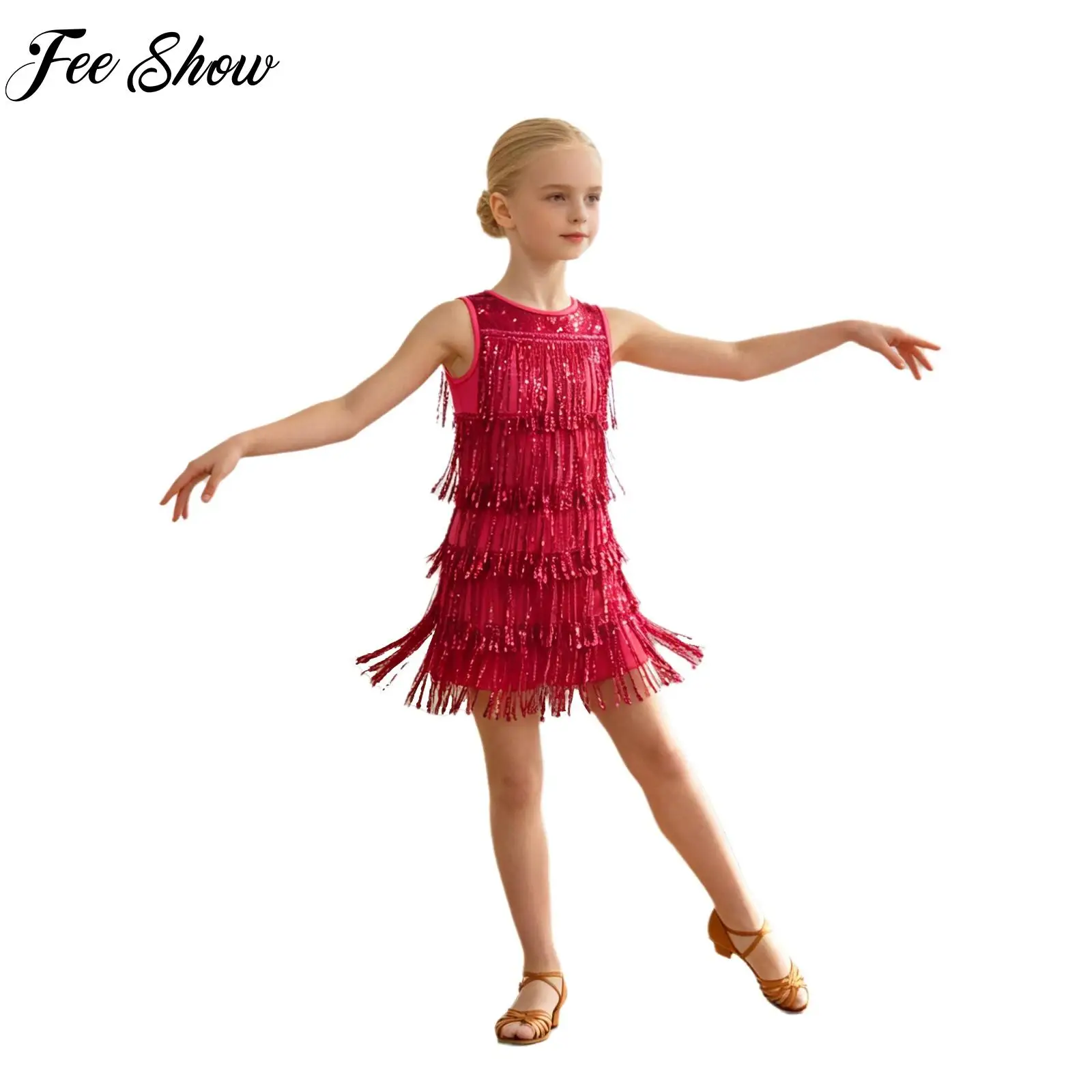 Kids Girls Latin Rhythmic Dance Costume Sparkling Sequins Tassel Round Neck Sleeveless Dress for Salsa Cha-cha Stage Performance
Kids Girls Latin Rhythmic Dance Costume Sparkling Sequins Tassel Round Neck Sleeveless Dress for Salsa Cha-cha Stage Performance