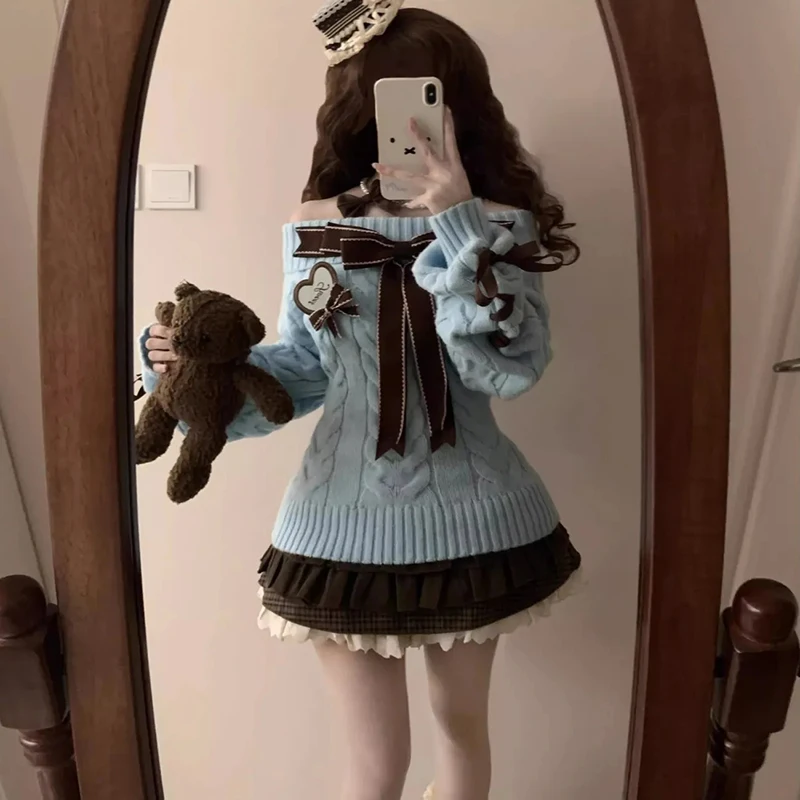 Lolita Bow Twist Slash Neck Sweater Knit Long Sleeve Harajuku Y2K Pullover Fall Winter Solid Preppy Style Japanese Top
Lolita Bow Twist Slash Neck Sweater Knit Long Sleeve Harajuku Y2K Pullover Fall Winter Solid Preppy Style Japanese Top