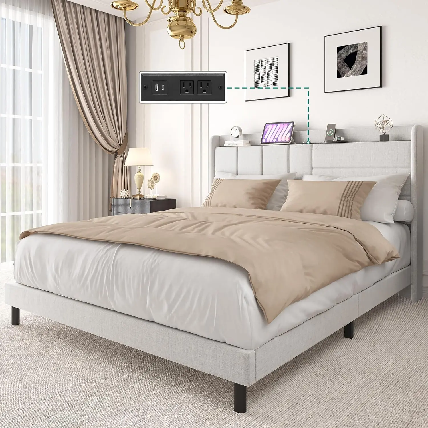 Queen Size Upholstered Bed Frame Bed Frame with Storage Headboard and Charging Station, Solid Wood Slats Support, No Box Spring 
Queen Size Upholstered Bed Frame Bed Frame with Storage Headboard and Charging Station, Solid Wood Slats Support, No Box Spring