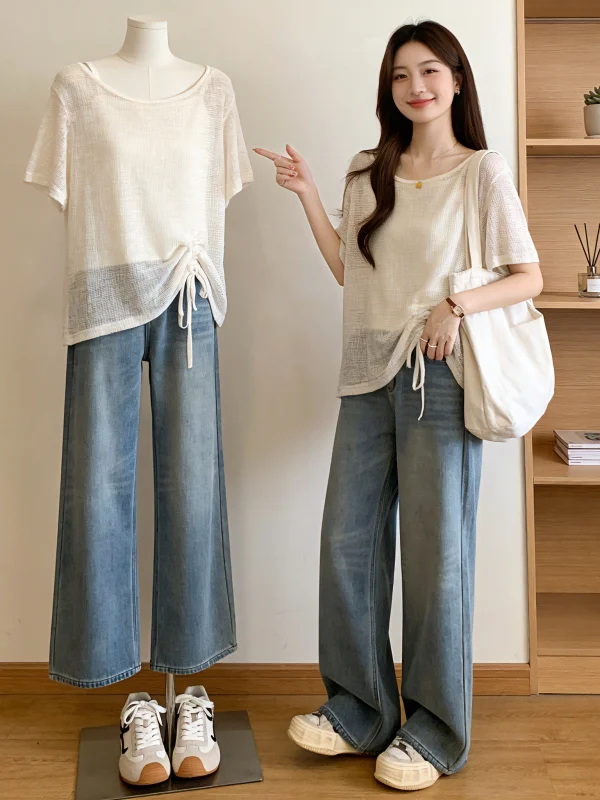 Ladies' Ice Silk Short Sleeve T-Shirt Shoulder Length Outerwear Vest Two-Piece Set Summer New Style Lazy Style Korean Version
Ladies' Ice Silk Short Sleeve T-Shirt Shoulder Length Outerwear Vest Two-Piece Set Summer New Style Lazy Style Korean Version
