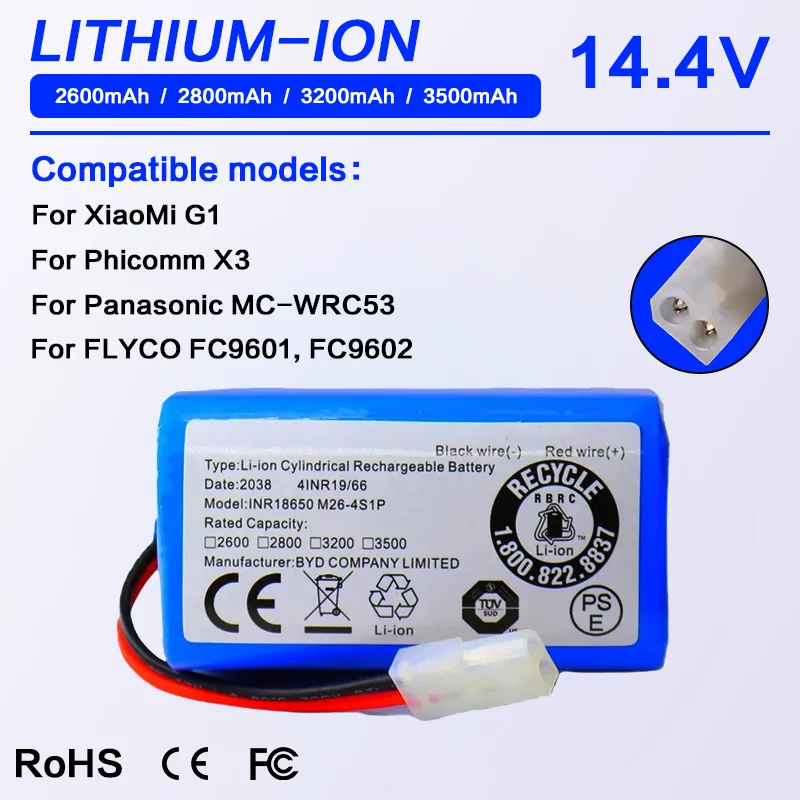 Robot Vacuum Li-ion Replacement battery for Xiaomi G1 Mi Robot Vacuum-Mop Essential MJSTG1 14.4V 2600mAh 18650 Battery Pack New
Robot Vacuum Li-ion Replacement battery for Xiaomi G1 Mi Robot Vacuum-Mop Essential MJSTG1 14.4V 2600mAh 18650 Battery Pack New