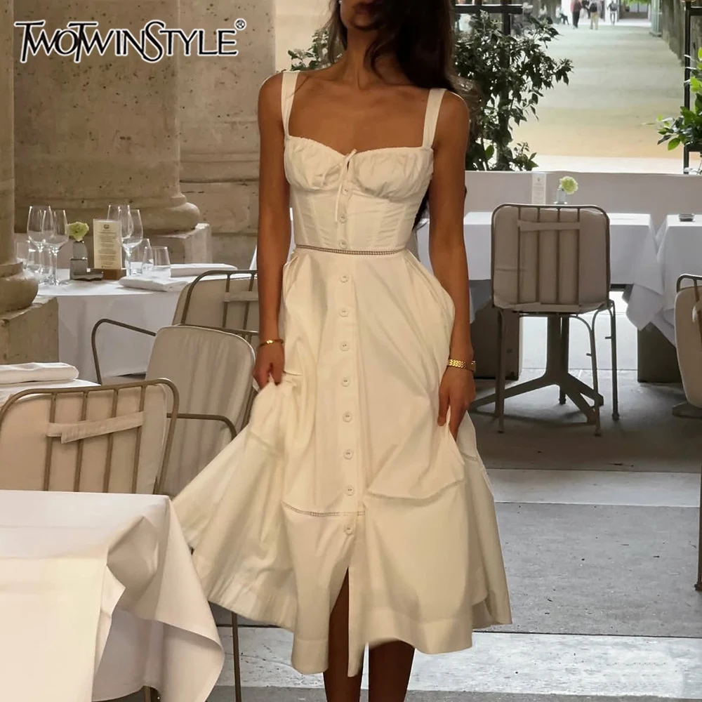TWOTWINSTYLE Solid Spliced Button Slimming Dresses for Women Square Neck Sleeveless High Waist Temperamnt Dress Female
TWOTWINSTYLE Solid Spliced Button Slimming Dresses for Women Square Neck Sleeveless High Waist Temperamnt Dress Female