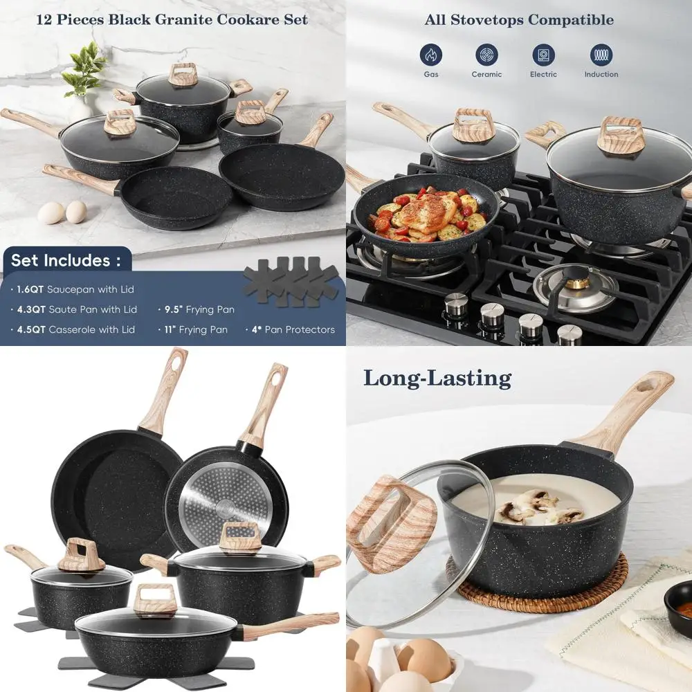Набор посуды с антипригарным покрытием, 12 предметов, черный гранит, готовый к индукции, здоровый кухонный утварь без PFAS, сковороды и блюдцами
Набор посуды с антипригарным покрытием, 12 предметов, черный гранит, готовый к индукции, здоровый кухонный утварь без PFAS, сковороды и блюдцами