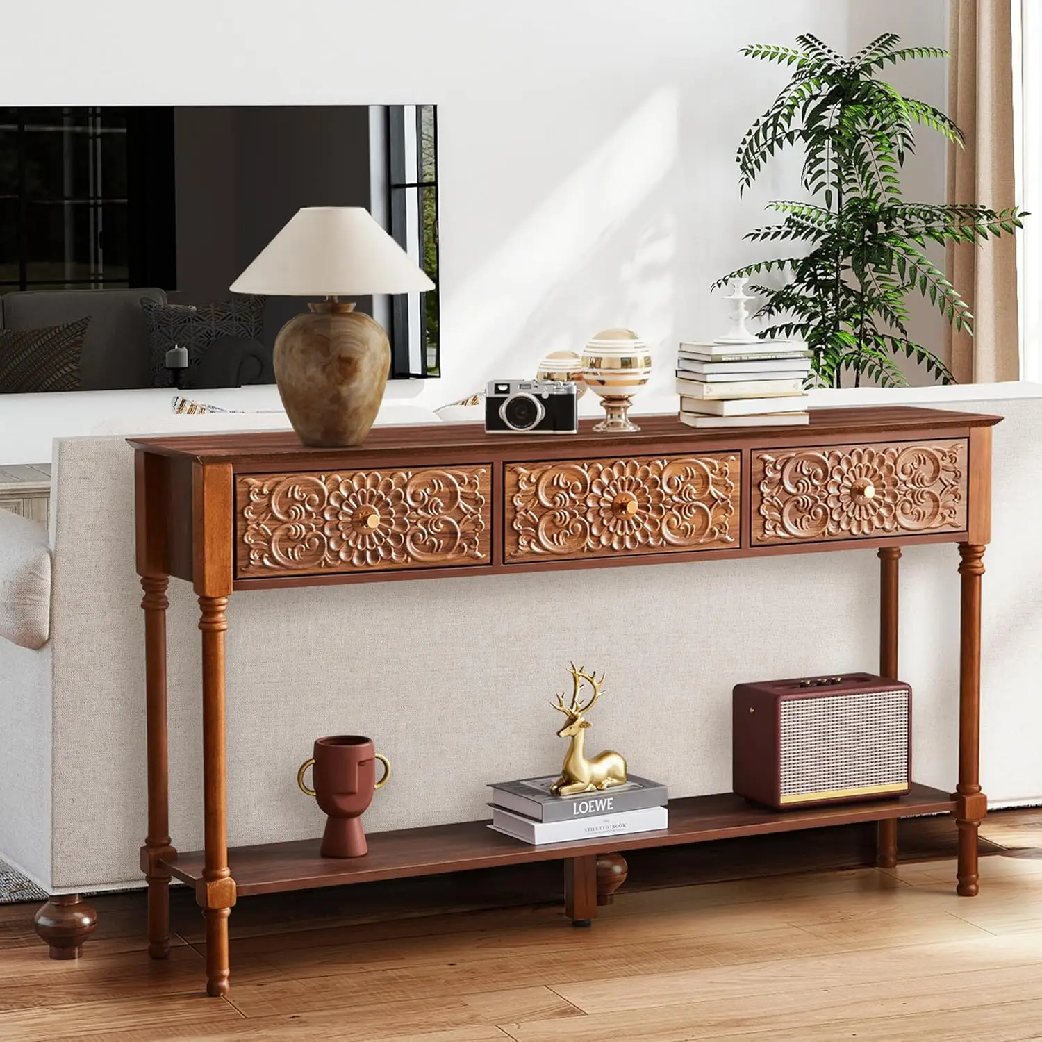 55.5" Carved Console Table with 3 Drawers, 2-Tier Sofa Table with Glossy Floral Surface and Solid Wood Legs, Mid-Century
55.5" Carved Console Table with 3 Drawers, 2-Tier Sofa Table with Glossy Floral Surface and Solid Wood Legs, Mid-Century