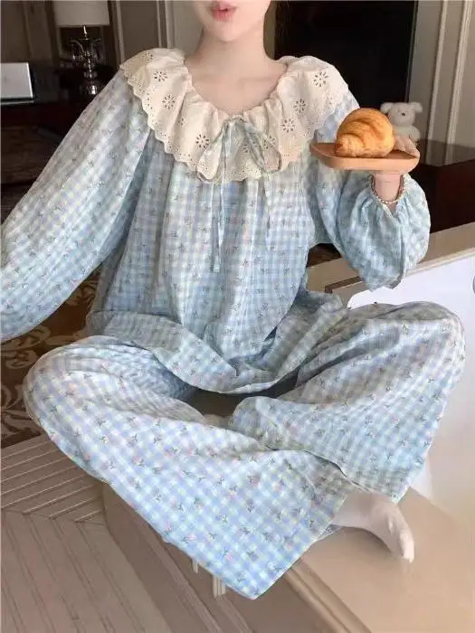 Princess Style Lace Sleepwear Loose Plaid Floral Print Long Sleeve Home Clothes Set Sweet Japanese Style Spring Autumn Cotton
Princess Style Lace Sleepwear Loose Plaid Floral Print Long Sleeve Home Clothes Set Sweet Japanese Style Spring Autumn Cotton