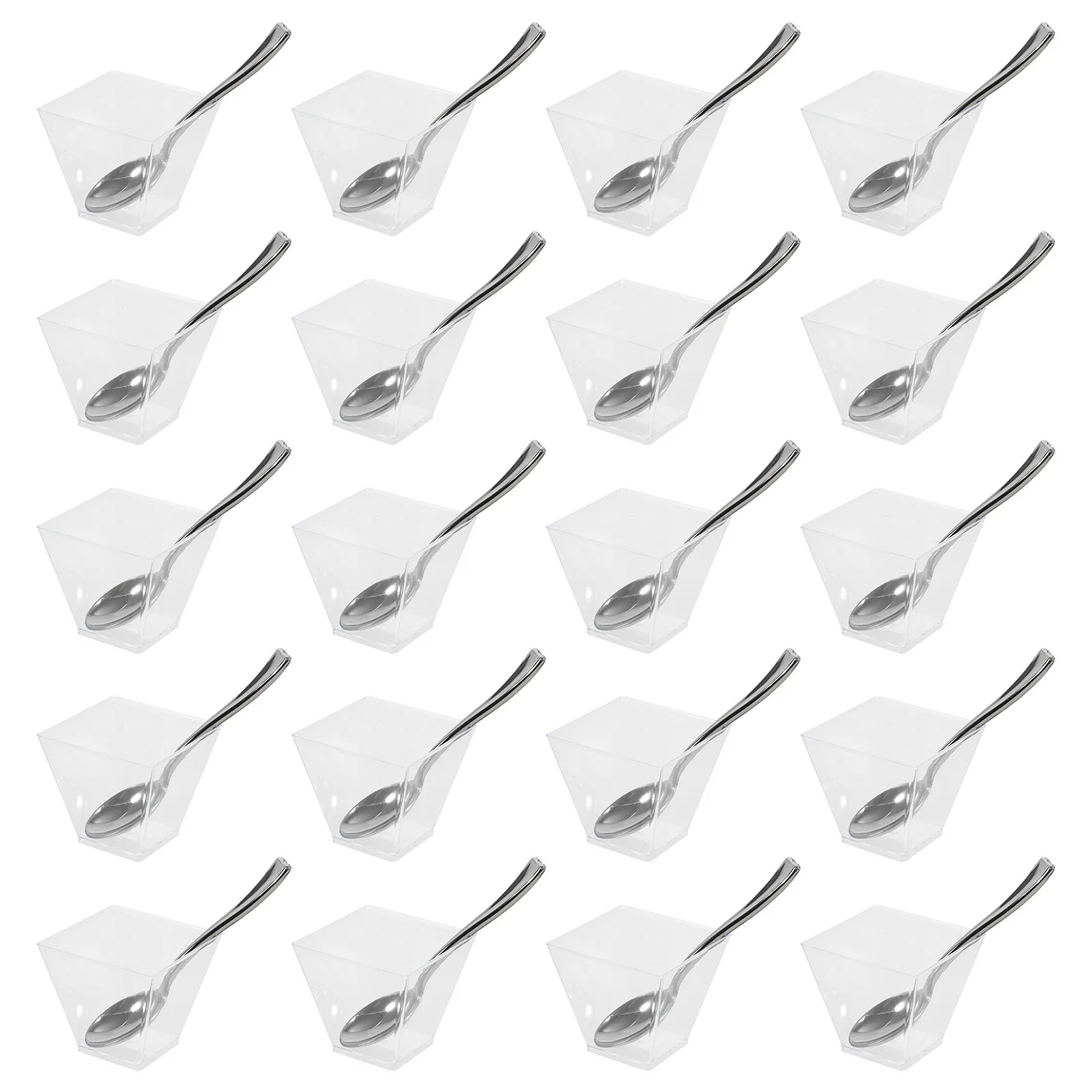 20pcs Dessert Cup Spoon Set Transparent Square 60ml Portable Party Pudding Mousse Cups SilverSpoons MultiFunction
20pcs Dessert Cup Spoon Set Transparent Square 60ml Portable Party Pudding Mousse Cups SilverSpoons MultiFunction