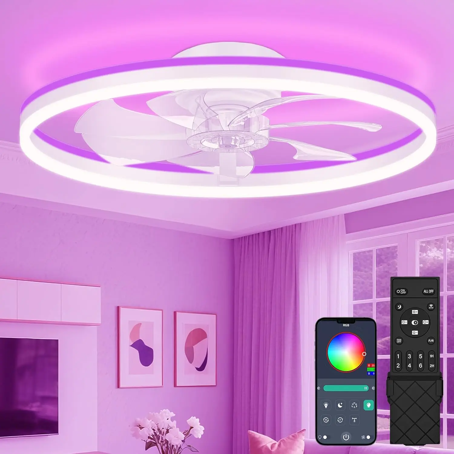 RGB Ceiling Fans with Lights and Remote, 23.6in Low Profile Ceiling Fans with Lights Flush Mount, 3000K-6500K Dimmable
RGB Ceiling Fans with Lights and Remote, 23.6in Low Profile Ceiling Fans with Lights Flush Mount, 3000K-6500K Dimmable