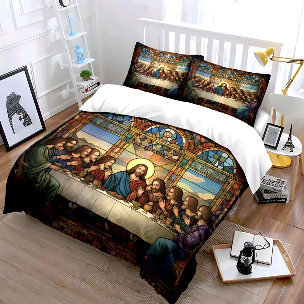 "Stained Glass Religious Dinner Scene" kid's and adults' bedroom decor, Exquisite three-piece bedding set gift
"Stained Glass Religious Dinner Scene" kid's and adults' bedroom decor, Exquisite three-piece bedding set gift
