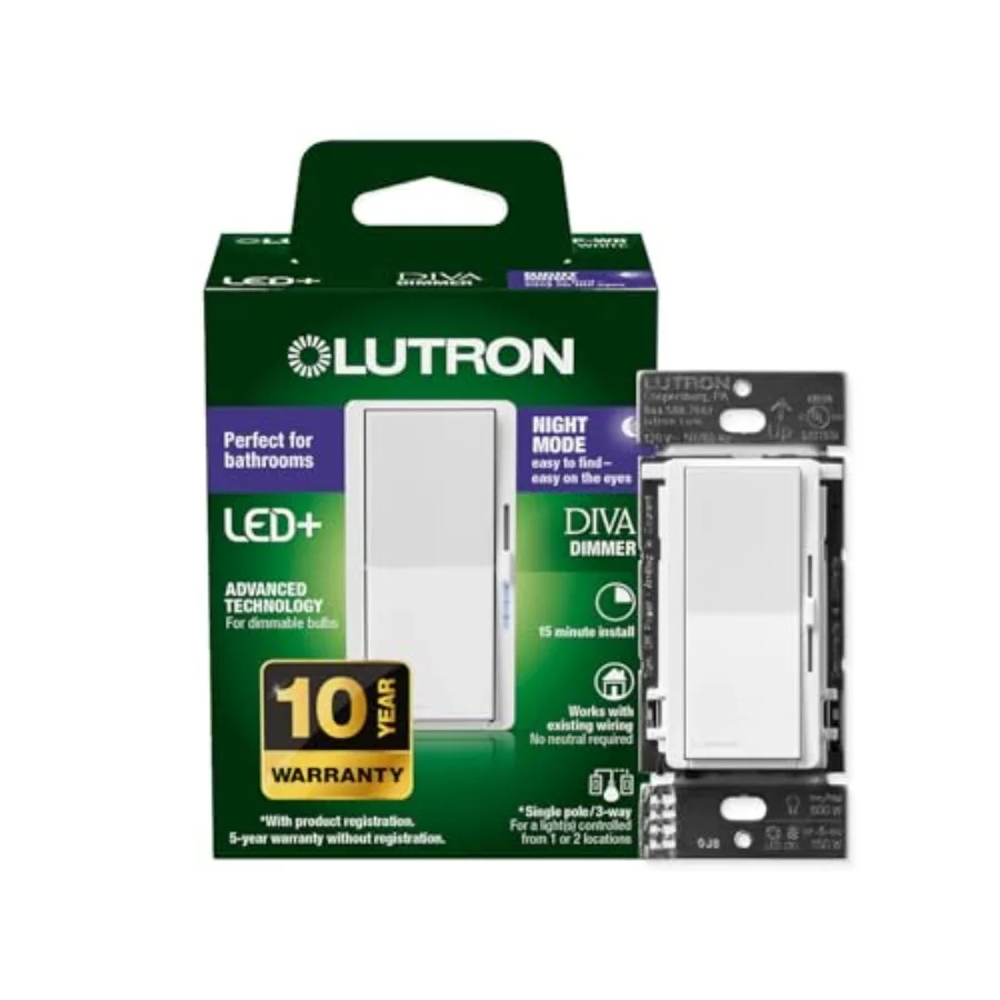 Diva LED+ Dimmer Switch with Night Mode for Bathrooms Paddle Dimmer Switch for Dimmable LED Bulbs UL Listed Single-Pole/3-Way N
Diva LED+ Dimmer Switch with Night Mode for Bathrooms Paddle Dimmer Switch for Dimmable LED Bulbs UL Listed Single-Pole/3-Way N