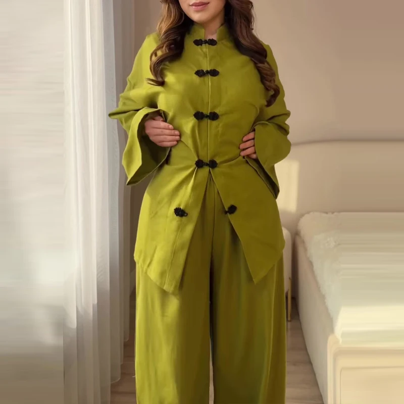 Elegant Lace-Up Waist Trousers Sets Fashion Stand Collar & Wide LegGER Pants Outfits Women's Casual Long Sleeve Solid Loose Suit
Elegant Lace-Up Waist Trousers Sets Fashion Stand Collar & Wide LegGER Pants Outfits Women's Casual Long Sleeve Solid Loose Suit