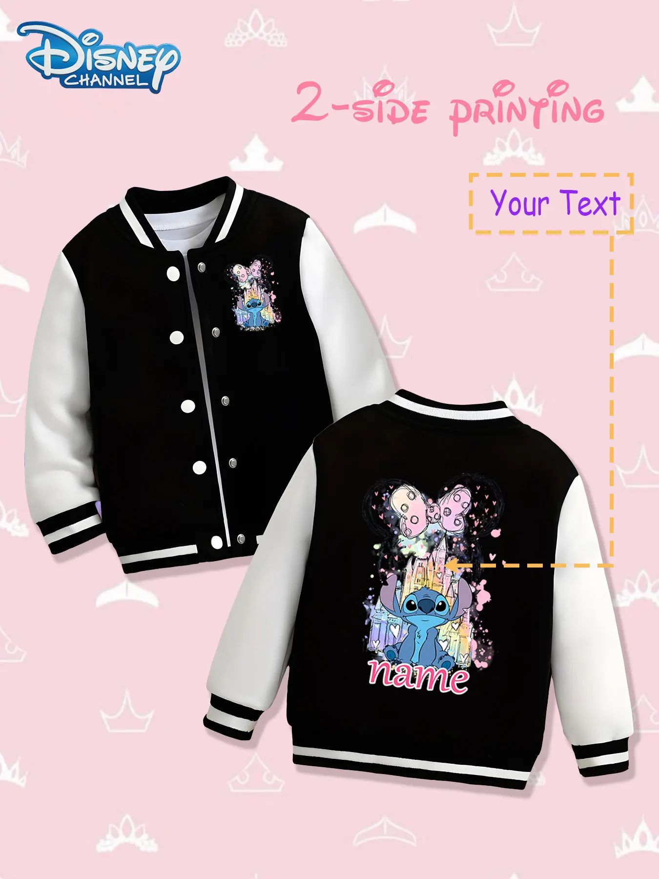 MINISO Disney Stitch's Dream Castle Baseball Jacket for Kids - Stitch is paired with Minnie's head and castle elements, and the 
MINISO Disney Stitch's Dream Castle Baseball Jacket for Kids - Stitch is paired with Minnie's head and castle elements, and the
