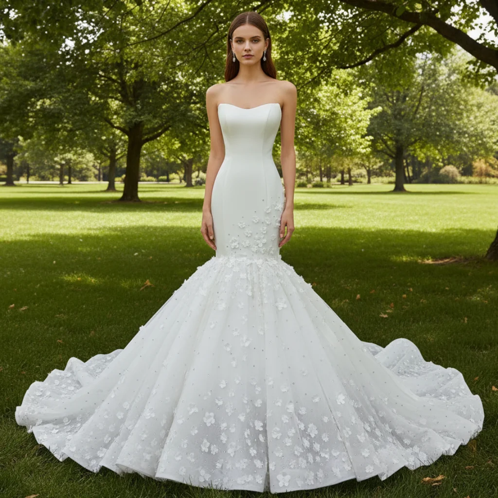 Rosymae Luxury Strapless Trumpet Wedding Dress with 3D Flower Bridal Gown for Elegant Bride hochzeitskleid
Rosymae Luxury Strapless Trumpet Wedding Dress with 3D Flower Bridal Gown for Elegant Bride hochzeitskleid