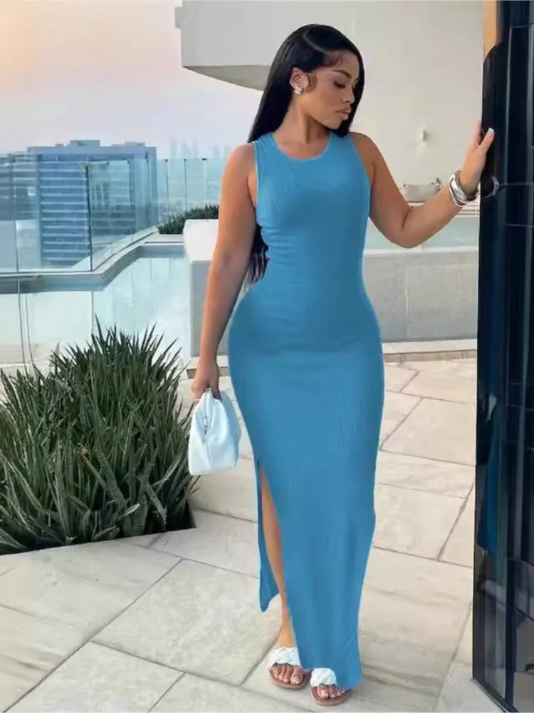 Fashion Women's Bodycon Long Dresses The New Summer O-neck Pit Strip Sleeveless Slim Dress Sexy Split Hips Female Club Dress
Fashion Women's Bodycon Long Dresses The New Summer O-neck Pit Strip Sleeveless Slim Dress Sexy Split Hips Female Club Dress