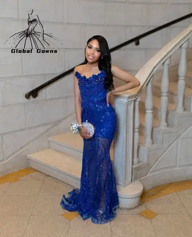 Royal Blue O Neck Long Prom Gowns For Black Girls Beaded Crystal Birthday Party Dresses Sequined Evening Dress Robe Customized