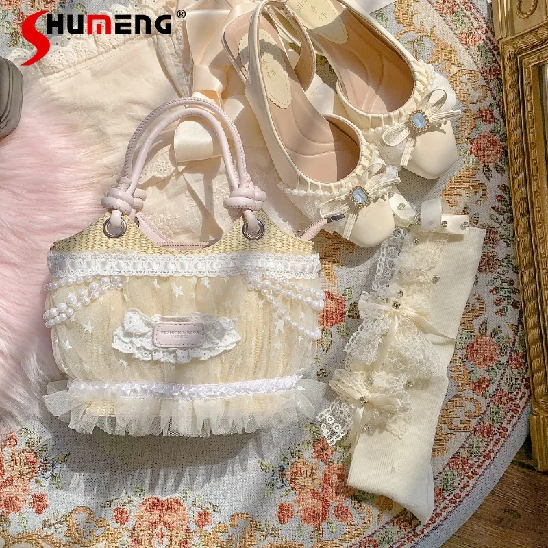 Lolita Lace Pearl Straw Tote Bag With Cute Bow Decor Multiway Shoulder Crossbody Handbag Sweet Vacation Shopping Bags For Women
Lolita Lace Pearl Straw Tote Bag With Cute Bow Decor Multiway Shoulder Crossbody Handbag Sweet Vacation Shopping Bags For Women