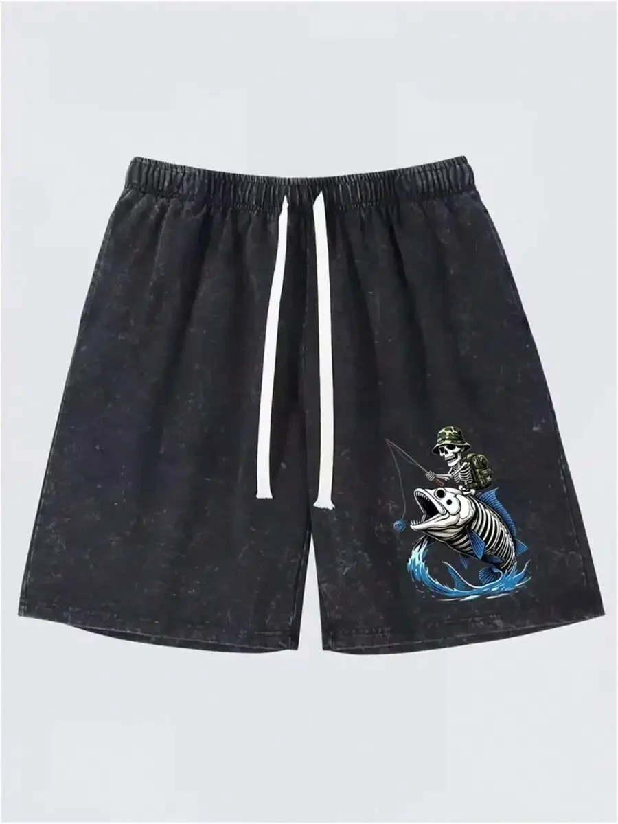 Washed Black Cotton Shorts Featuring Skeleton Fisherman Graphic, Loose Fit Summer Casual Wear For Men
Washed Black Cotton Shorts Featuring Skeleton Fisherman Graphic, Loose Fit Summer Casual Wear For Men