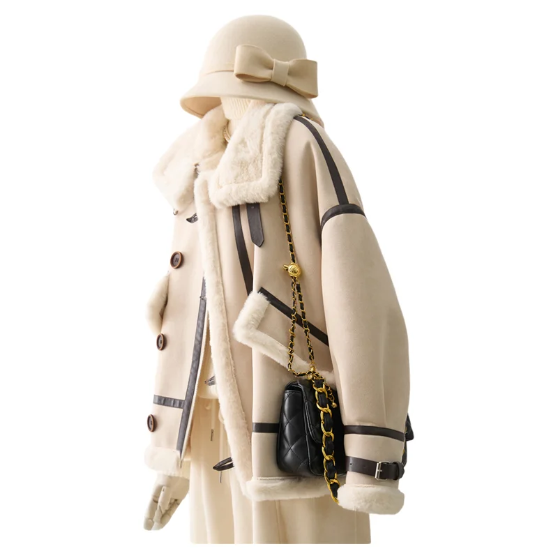 Women Faux Shearling Coat Winter Thick Warm Aviator Jacket with Fur Collar & Belted Cuffs Loose Fit Cream Color
Women Faux Shearling Coat Winter Thick Warm Aviator Jacket with Fur Collar & Belted Cuffs Loose Fit Cream Color
