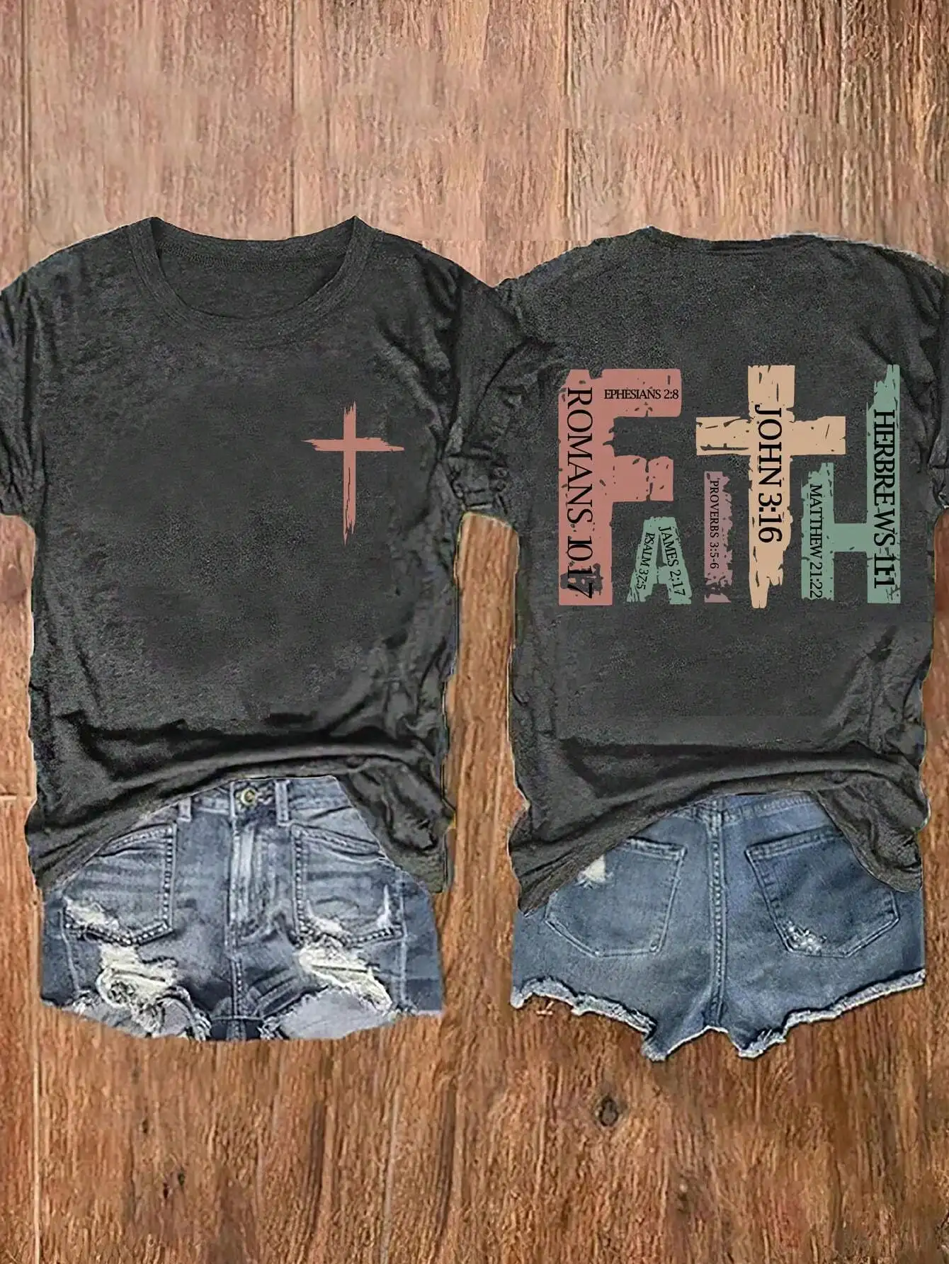 Faith Cross Print Plus Size T-Shirt for Women, Casual Graphic Tee with Bible Verses Back Design
Faith Cross Print Plus Size T-Shirt for Women, Casual Graphic Tee with Bible Verses Back Design