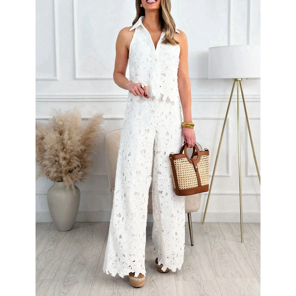 Summer Two Piece Set Women Floral Pattern Hollow Out Sleeveless Top and Wide Leg Pants Set Womens White Suit
Summer Two Piece Set Women Floral Pattern Hollow Out Sleeveless Top and Wide Leg Pants Set Womens White Suit