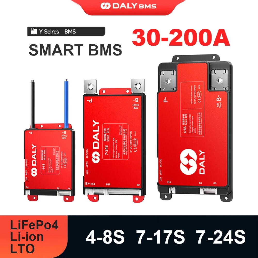 Daly Red Y Smart BMS 4-8S 7-17S 7-24S Automatically Identified 30A-200A Build-in BT UART Li-ion LiFePo4 LTO E-bike E-vehicle
Daly Red Y Smart BMS 4-8S 7-17S 7-24S Automatically Identified 30A-200A Build-in BT UART Li-ion LiFePo4 LTO E-bike E-vehicle