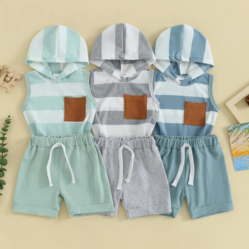Newborn Baby Boy 2 Piece Shorts Sets Summer Clothes Outfits Striped Sleeveless Hooded Tank Tops and Elastic Waist Shorts Set
Newborn Baby Boy 2 Piece Shorts Sets Summer Clothes Outfits Striped Sleeveless Hooded Tank Tops and Elastic Waist Shorts Set