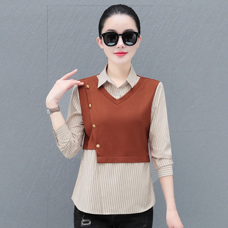 New Women'S Spring Autumn Casual Versatile Fake Two-Piece Spliced Long Sleeved Shirt With Fashion Collar Design And Striped Top
New Women'S Spring Autumn Casual Versatile Fake Two-Piece Spliced Long Sleeved Shirt With Fashion Collar Design And Striped Top