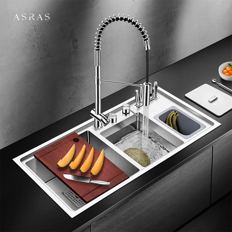 ASRAS Two Bowl Kitchen Sink 304 Stainless Steel 4mm Thickness Handmade Brushed Large Size Sinks With Trash Can And Knife Holder
ASRAS Two Bowl Kitchen Sink 304 Stainless Steel 4mm Thickness Handmade Brushed Large Size Sinks With Trash Can And Knife Holder