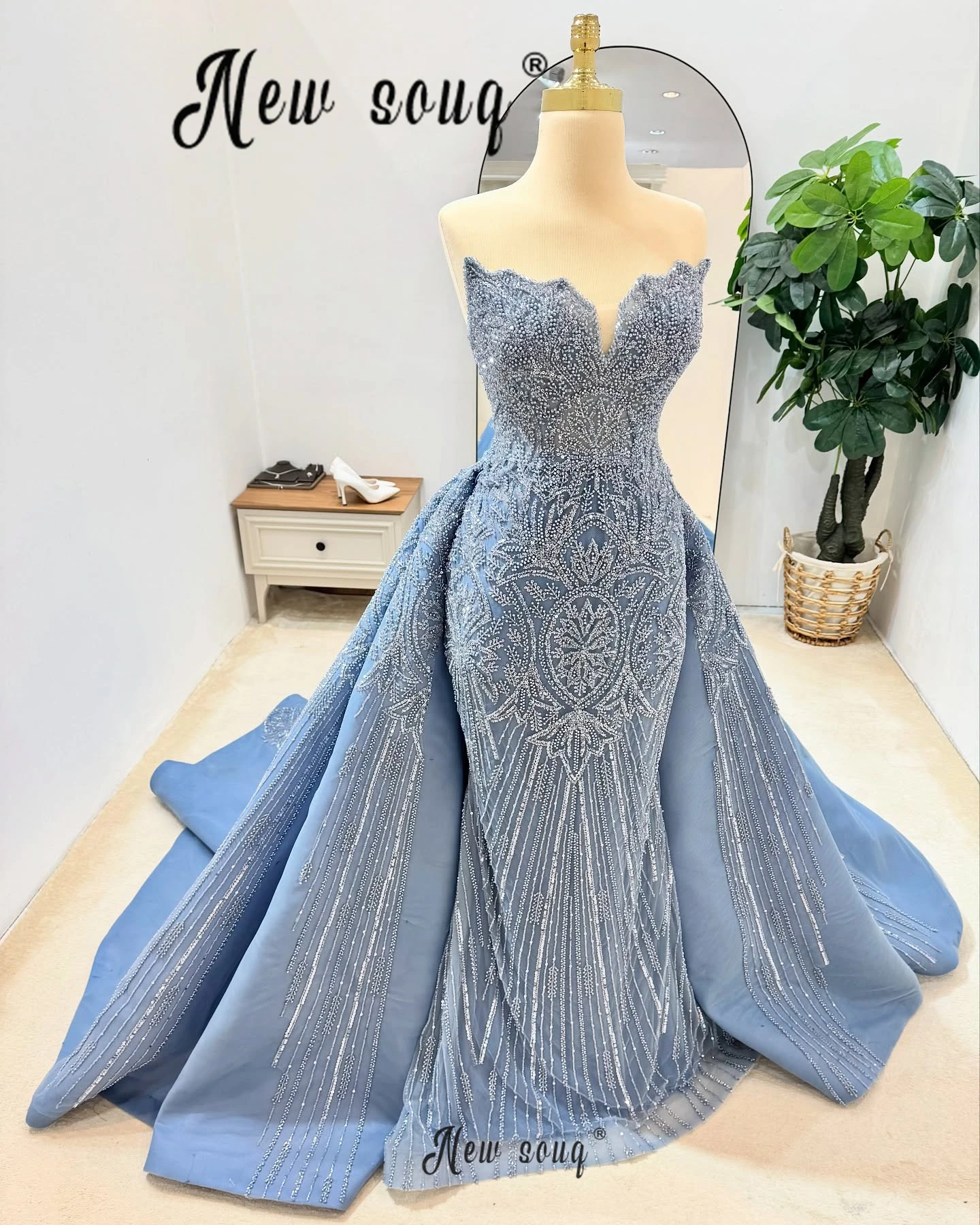Dusty Blue Overskit Evening Dresses Mermaid Two Pieces Beaded V-neckline Prom Dresses Vestidos Robes De Soiree Customized Duabi
Dusty Blue Overskit Evening Dresses Mermaid Two Pieces Beaded V-neckline Prom Dresses Vestidos Robes De Soiree Customized Duabi