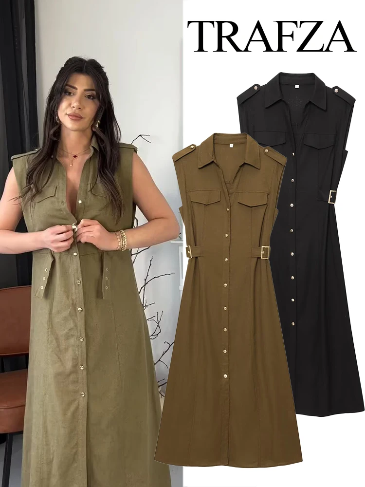 TRAFZA Women Summer Fashion Linen Lapel Sleeveless 4-Color Midi Dress Female Simple Single Breasted Belt Decorative Casual Dress
TRAFZA Women Summer Fashion Linen Lapel Sleeveless 4-Color Midi Dress Female Simple Single Breasted Belt Decorative Casual Dress