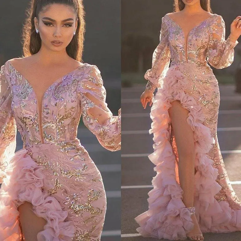 Fashion Tulle Sheath Evening Dresses Sexy Sequin Deep V-Neck Long Sleeves Birthday Floor Length with High Split Prom Gown 2025
Fashion Tulle Sheath Evening Dresses Sexy Sequin Deep V-Neck Long Sleeves Birthday Floor Length with High Split Prom Gown 2025