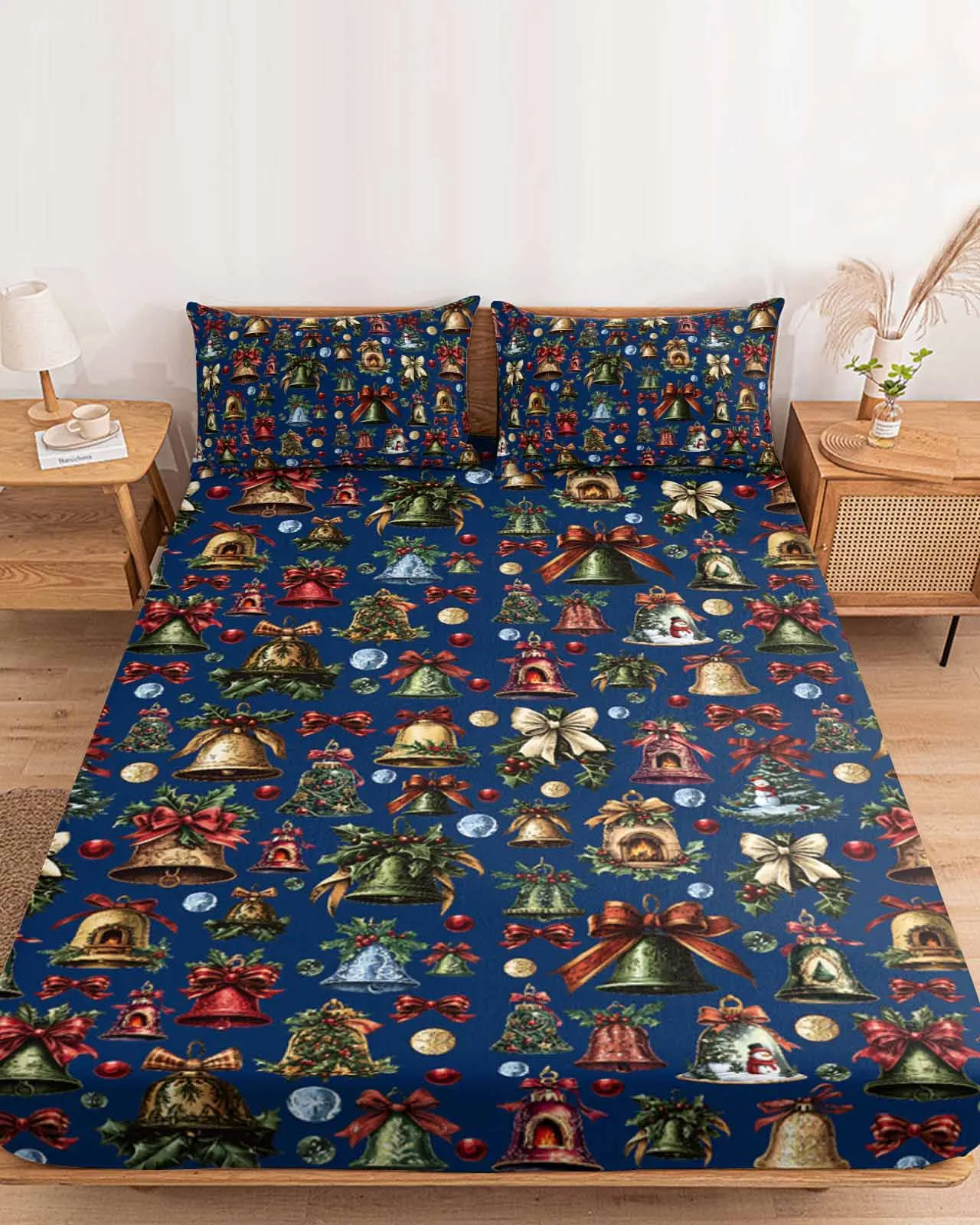 Christmas Bell Bow Dark Blue Background Polyester Fitted Sheet Mattress Cover Four Corners Elastic Band Bed Sheet Pilllowcase
Christmas Bell Bow Dark Blue Background Polyester Fitted Sheet Mattress Cover Four Corners Elastic Band Bed Sheet Pilllowcase