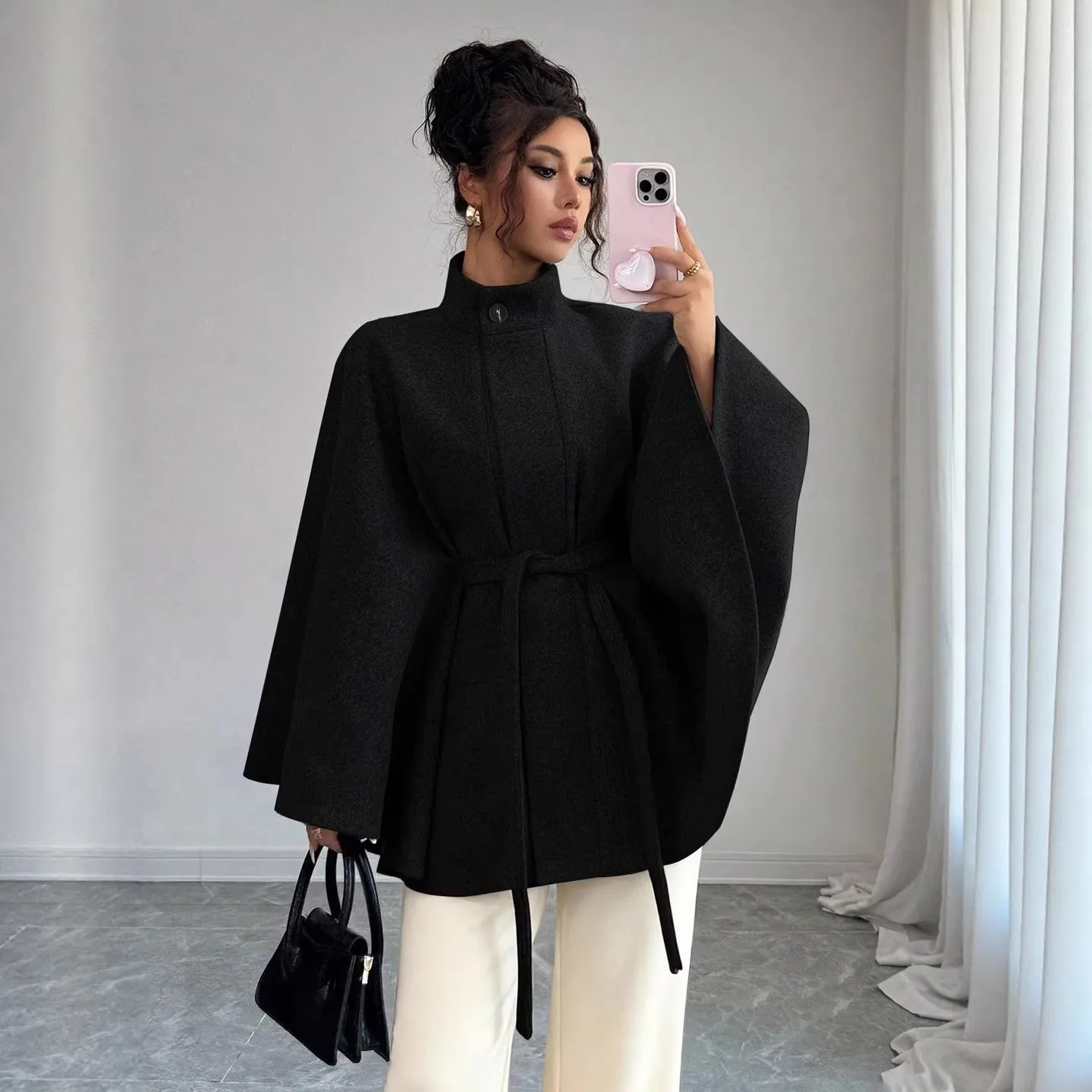 Women's Winter Coat Thick Single Button Coats Three Quarter Sleeve Wool Coat Stand Collar Tie Waist Cape Coat Black Gray
Women's Winter Coat Thick Single Button Coats Three Quarter Sleeve Wool Coat Stand Collar Tie Waist Cape Coat Black Gray