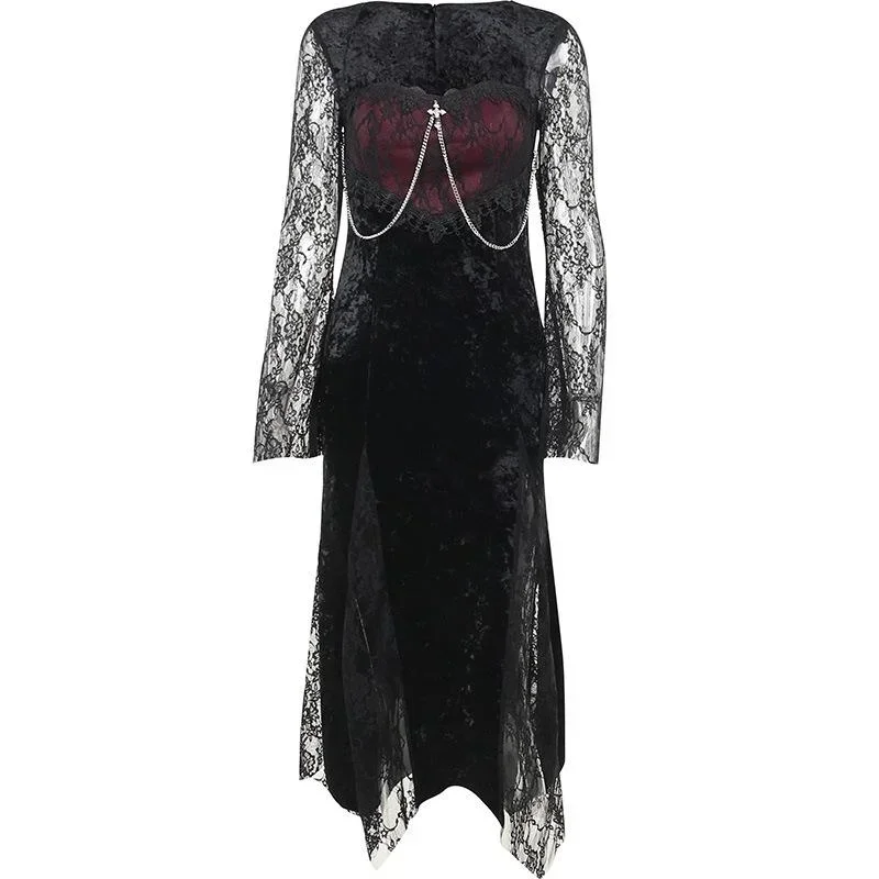 Gothic Dark Women's Red Moon Lace Ball Midi Dress Long Trumpet Sleeve Punk Grunge Aesthetic E-girl Clothing with Chain Detail
Gothic Dark Women's Red Moon Lace Ball Midi Dress Long Trumpet Sleeve Punk Grunge Aesthetic E-girl Clothing with Chain Detail